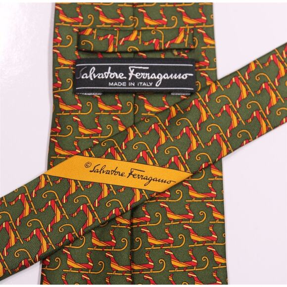 Salvatore Ferragamo Green Gold Red Santa Sleigh Print Design Silk Necktie Tie - Picture 5 of 6